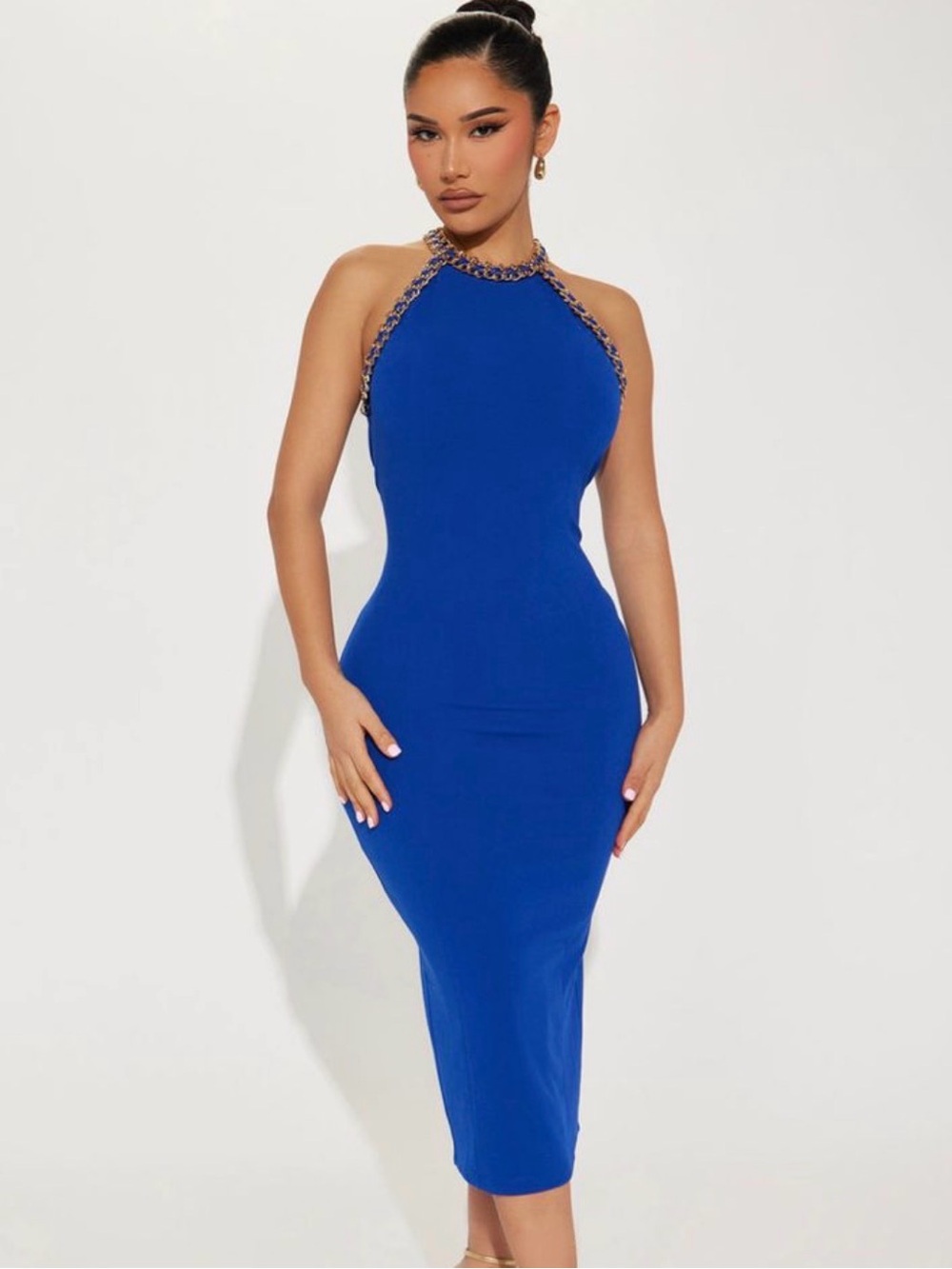 Fashion Nova Cobalt Blue Chain-Trim Halter Midi Dress